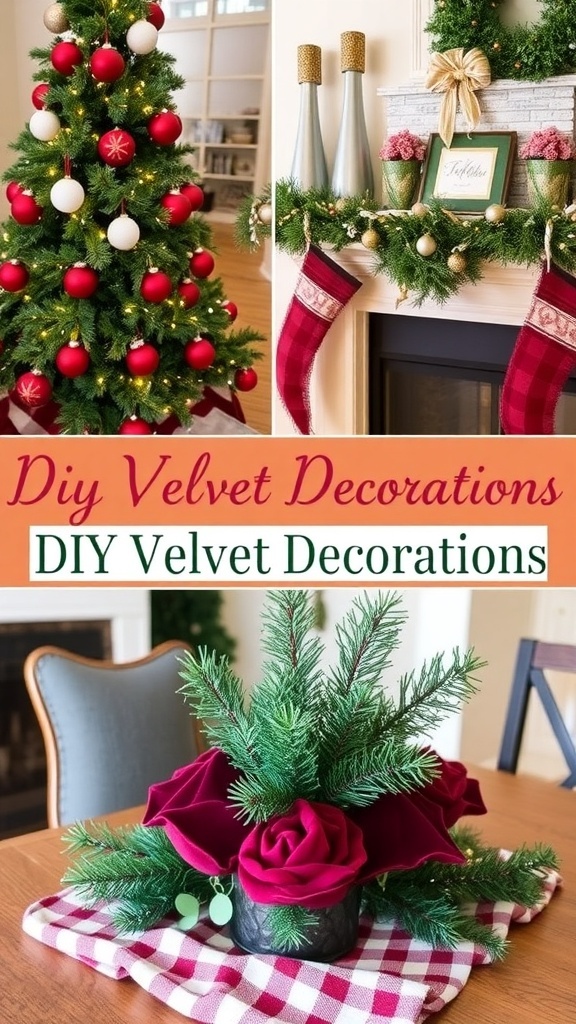 A Christmas tree with velvet ornaments, a velvet garland on a mantel, and a festive table centerpiece.